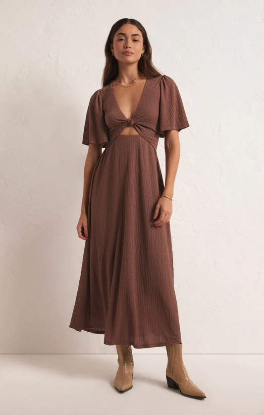 brown midi dress with keyhole cut out