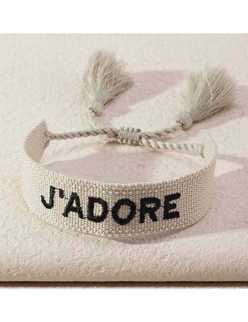 Beige Handstitched J'Adore Cotton Adjustable Bracelet - Addie Rose Boutique - Austin