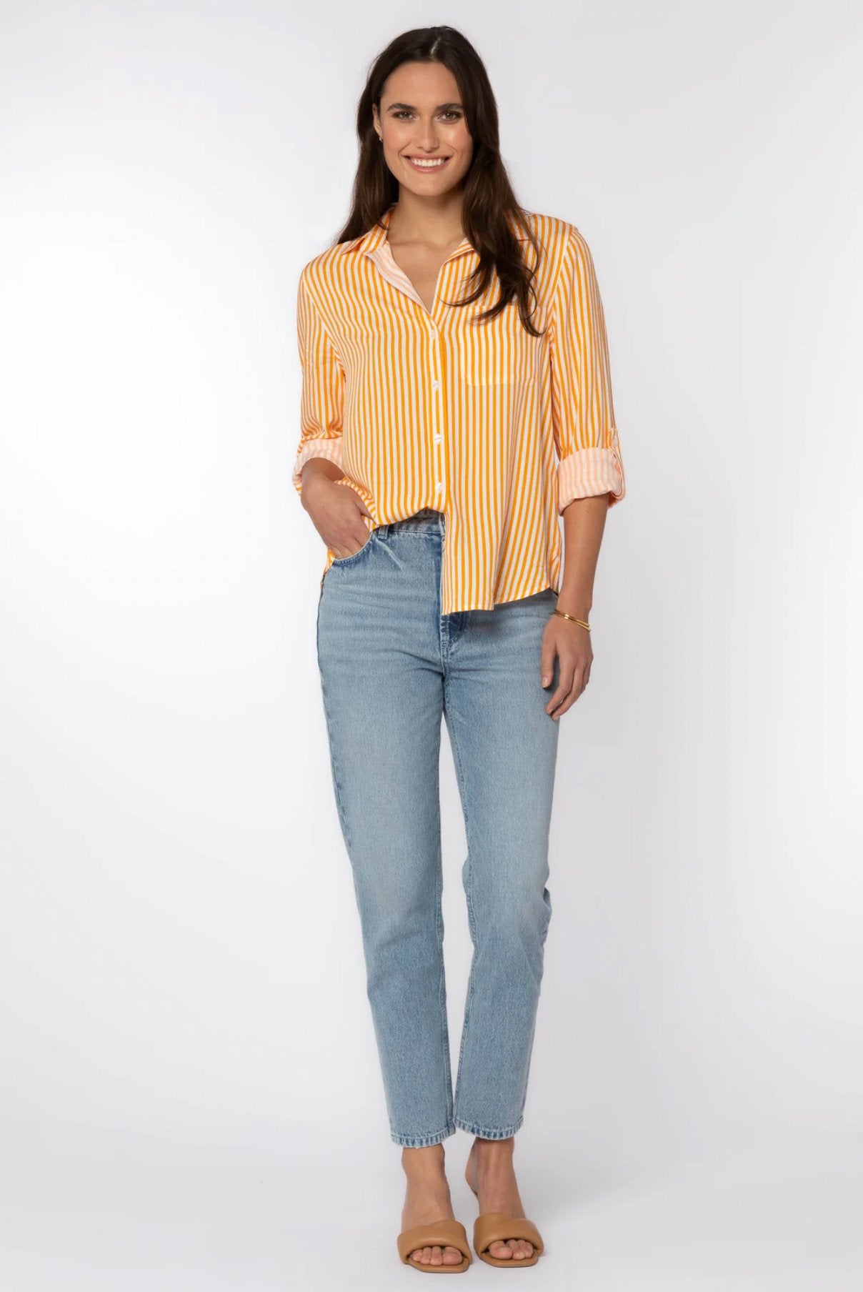 Elisa Orange Stripe Button DownShirt - Addie Rose Boutique - Austin