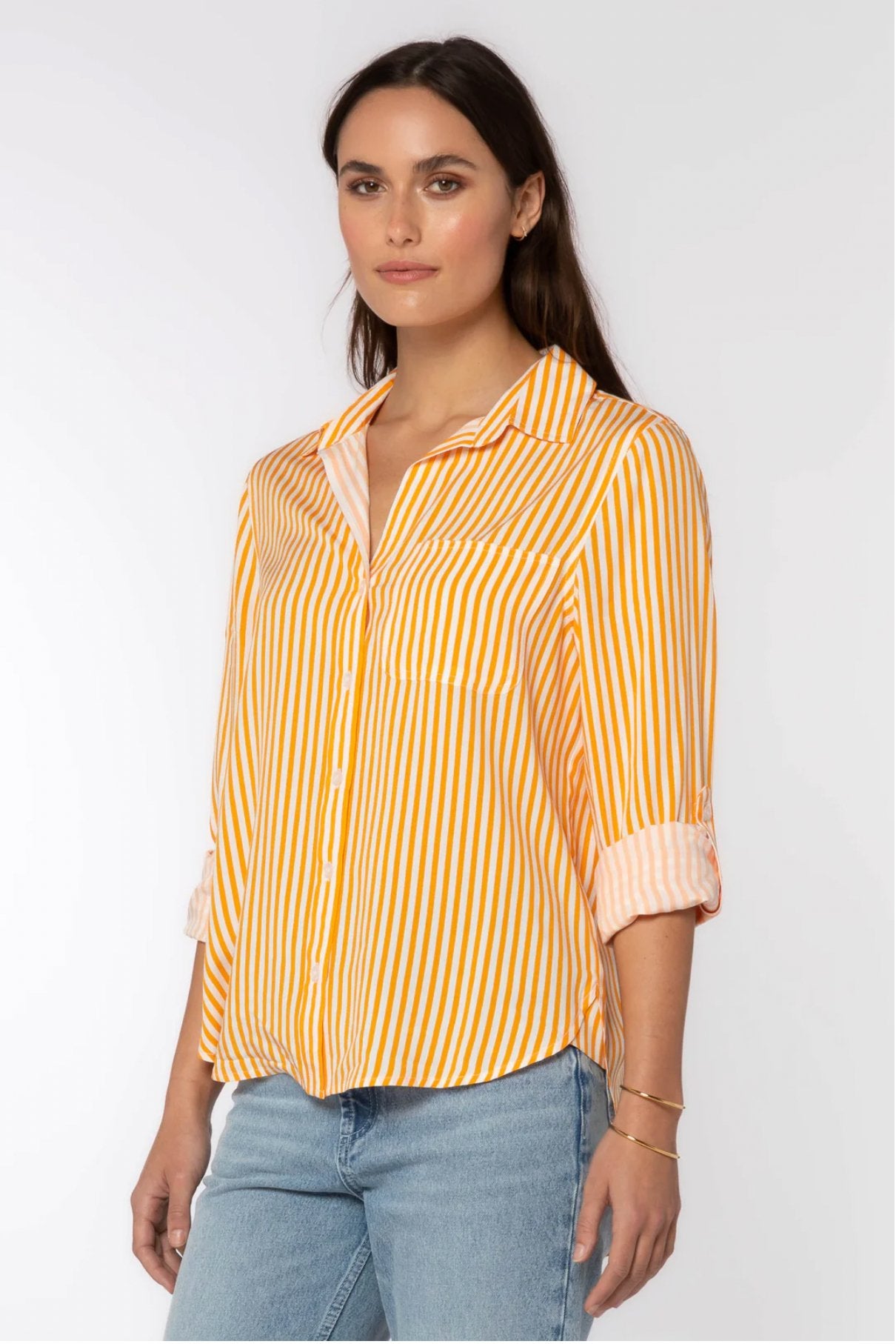 Elisa Orange Stripe Button DownShirt - Addie Rose Boutique - Austin