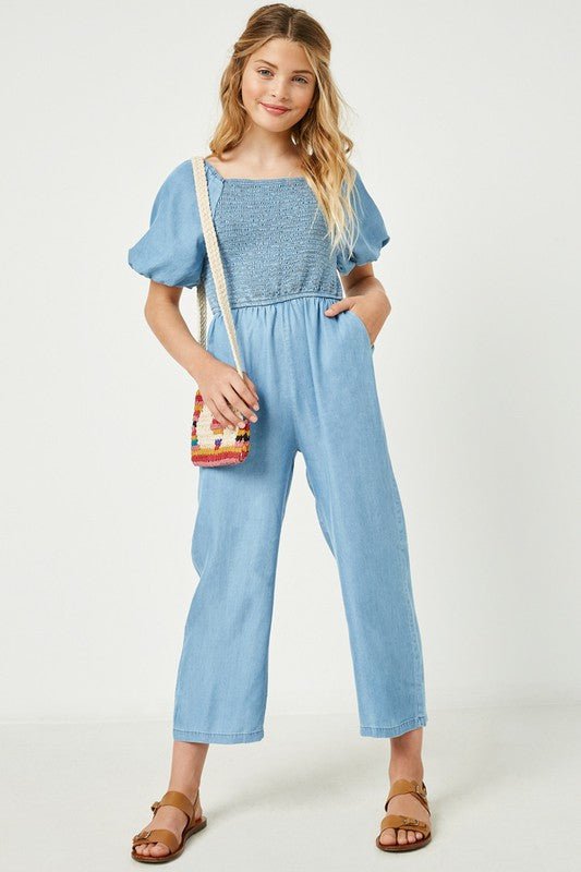 Girls Smocked Puff Sleeve Jumpsuit - Addie Rose Boutique - Austin