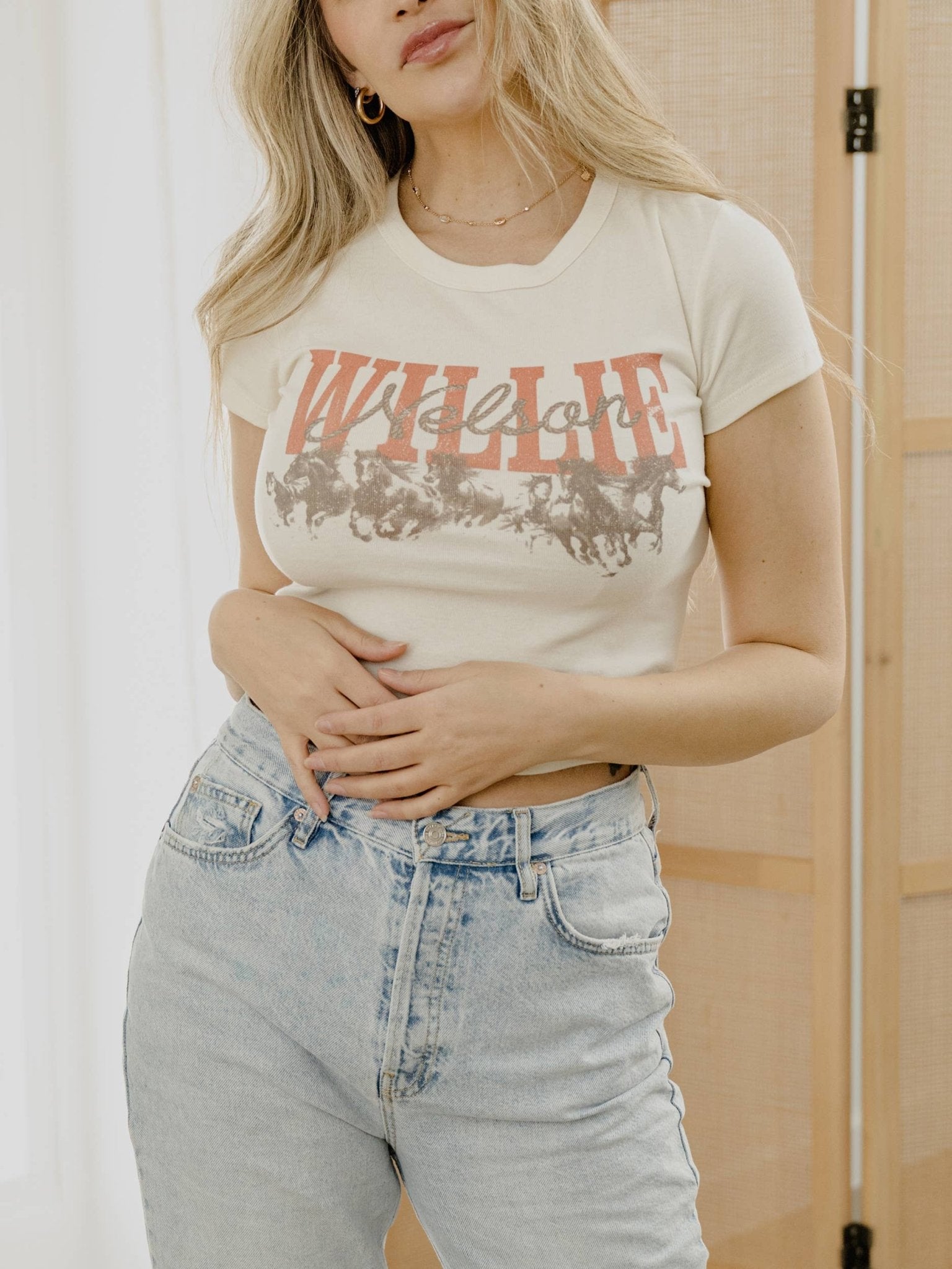 LivyLu - Willie Nelson Horses Off White Micro Cropped Tee - Addie Rose Austin