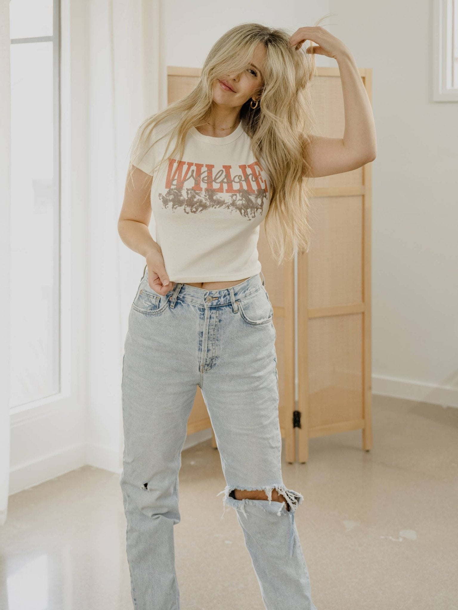LivyLu - Willie Nelson Horses Off White Micro Cropped Tee - Addie Rose Austin