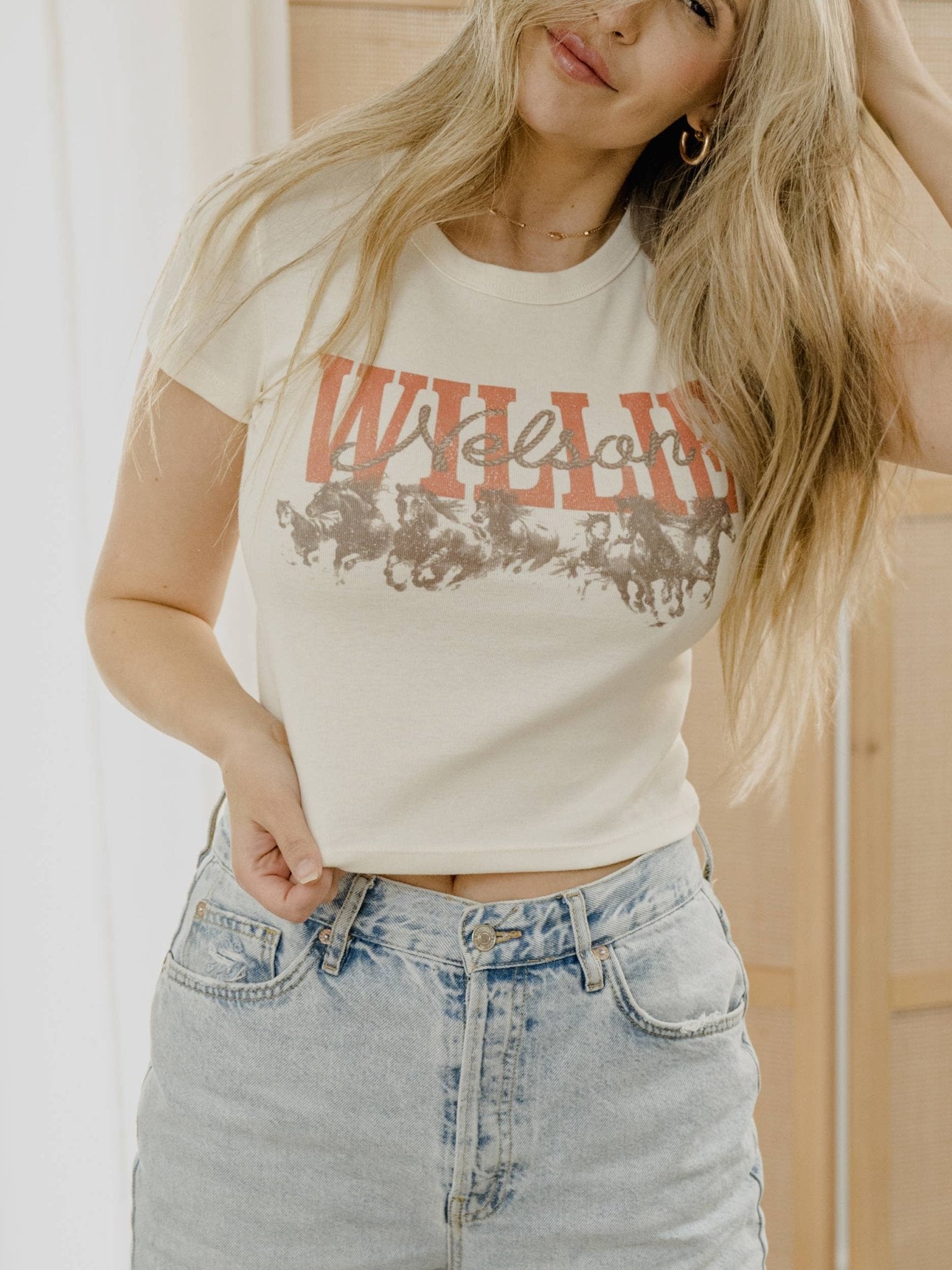 LivyLu - Willie Nelson Horses Off White Micro Cropped Tee - Addie Rose Austin