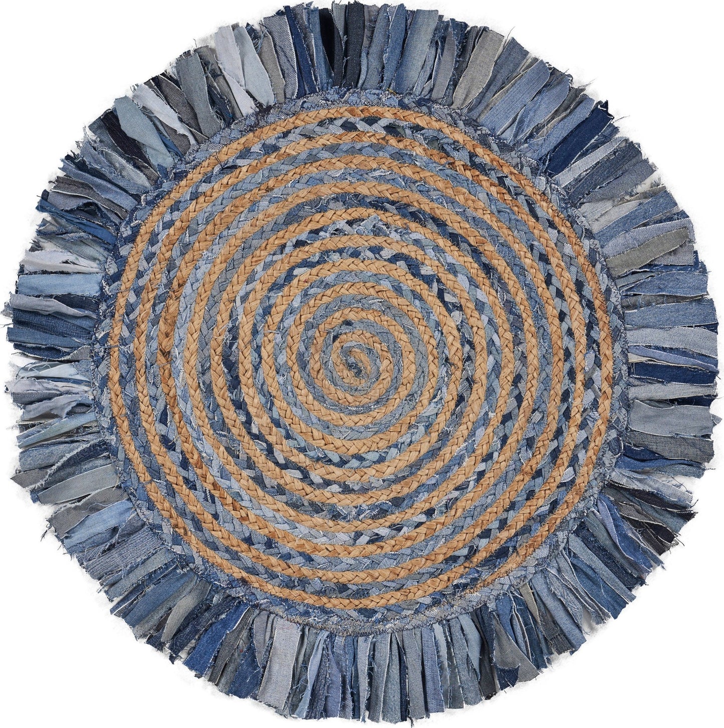 LR Home - Denim and Natural Jute Round Swirl Fringed Rug - Denim Blue - Addie Rose Boutique - Austin