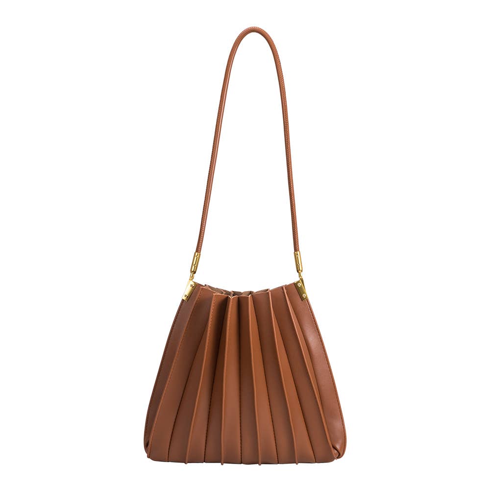 Melie Bianco - Carrie Pleated Vegan Shoulder Bag in Saddle - Addie Rose Boutique - Austin