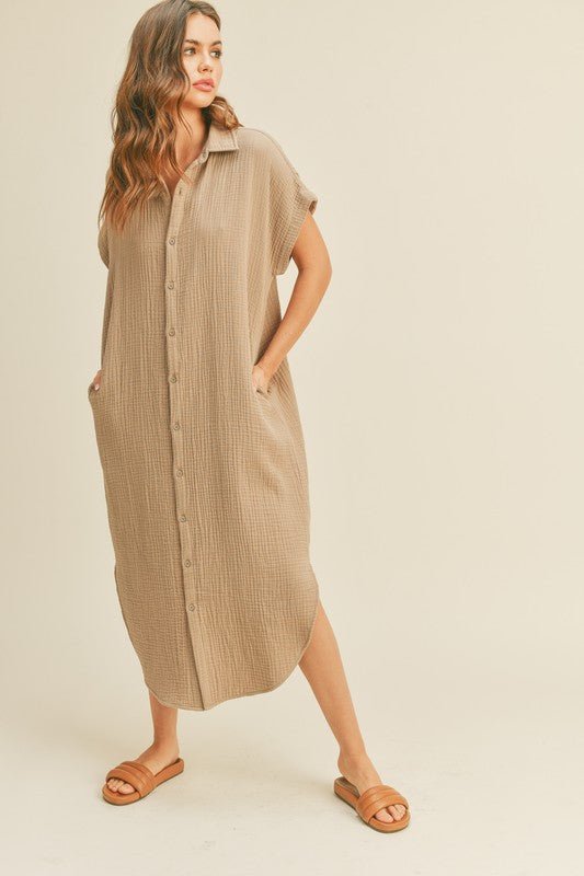 Mocha Double Gauze Button Down - Addie Rose Boutique - Austin