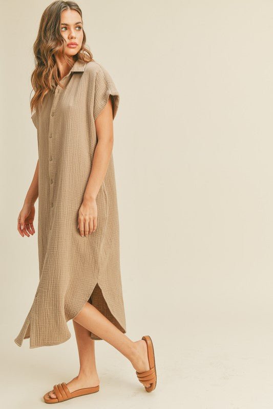 Mocha Double Gauze Button Down - Addie Rose Boutique - Austin