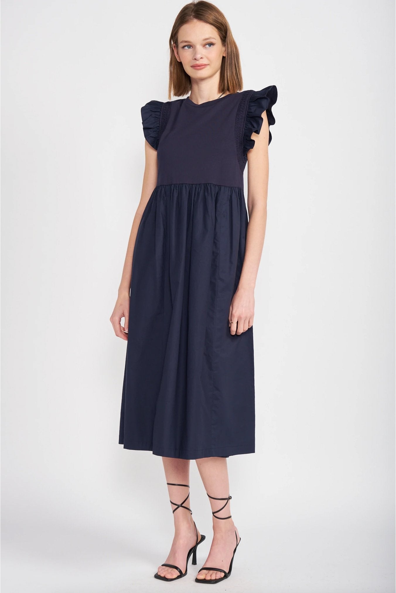 Navy Mixed Media Flutter Sleeve Dress - Addie Rose Boutique - Austin