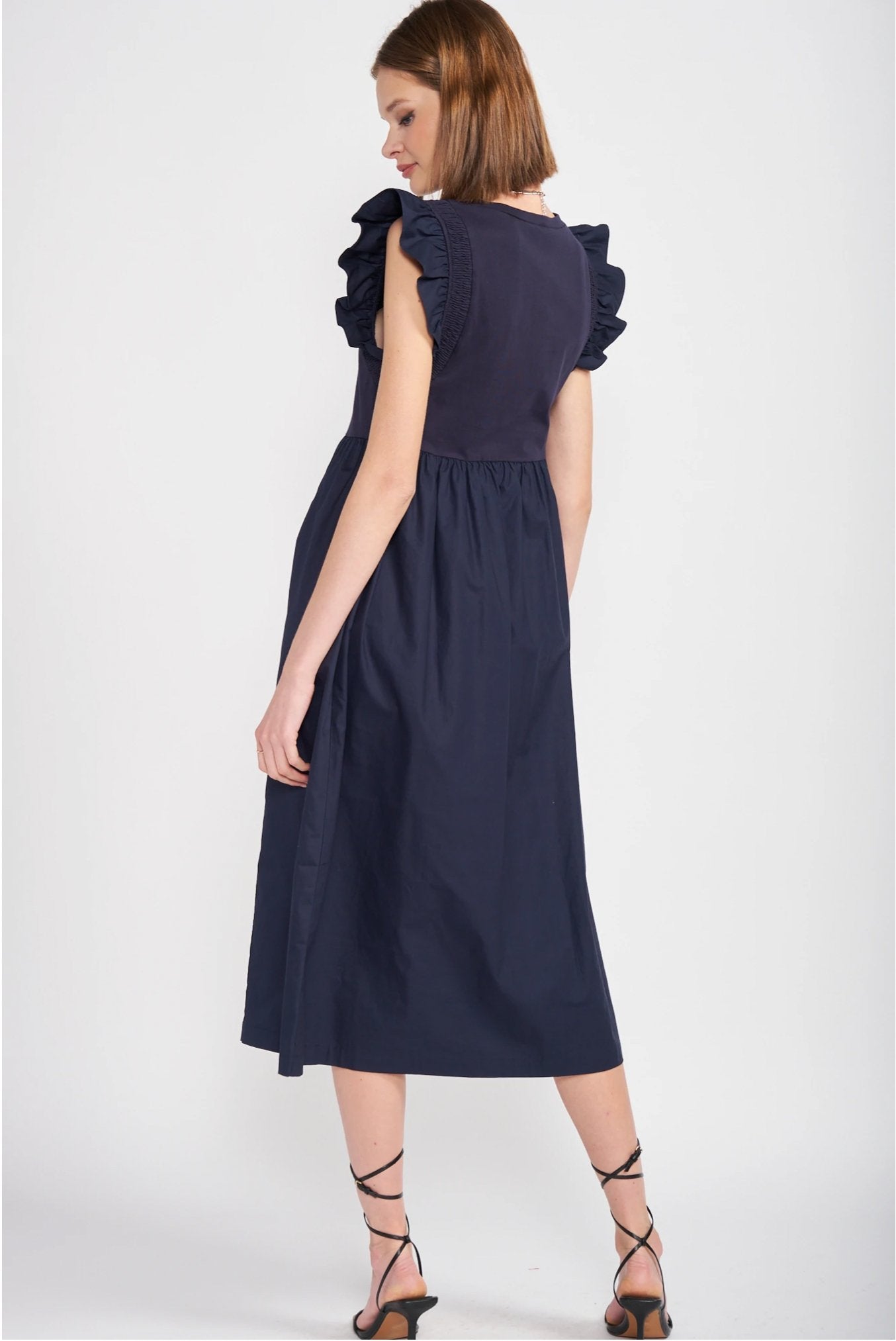 Navy Mixed Media Flutter Sleeve Dress - Addie Rose Boutique - Austin