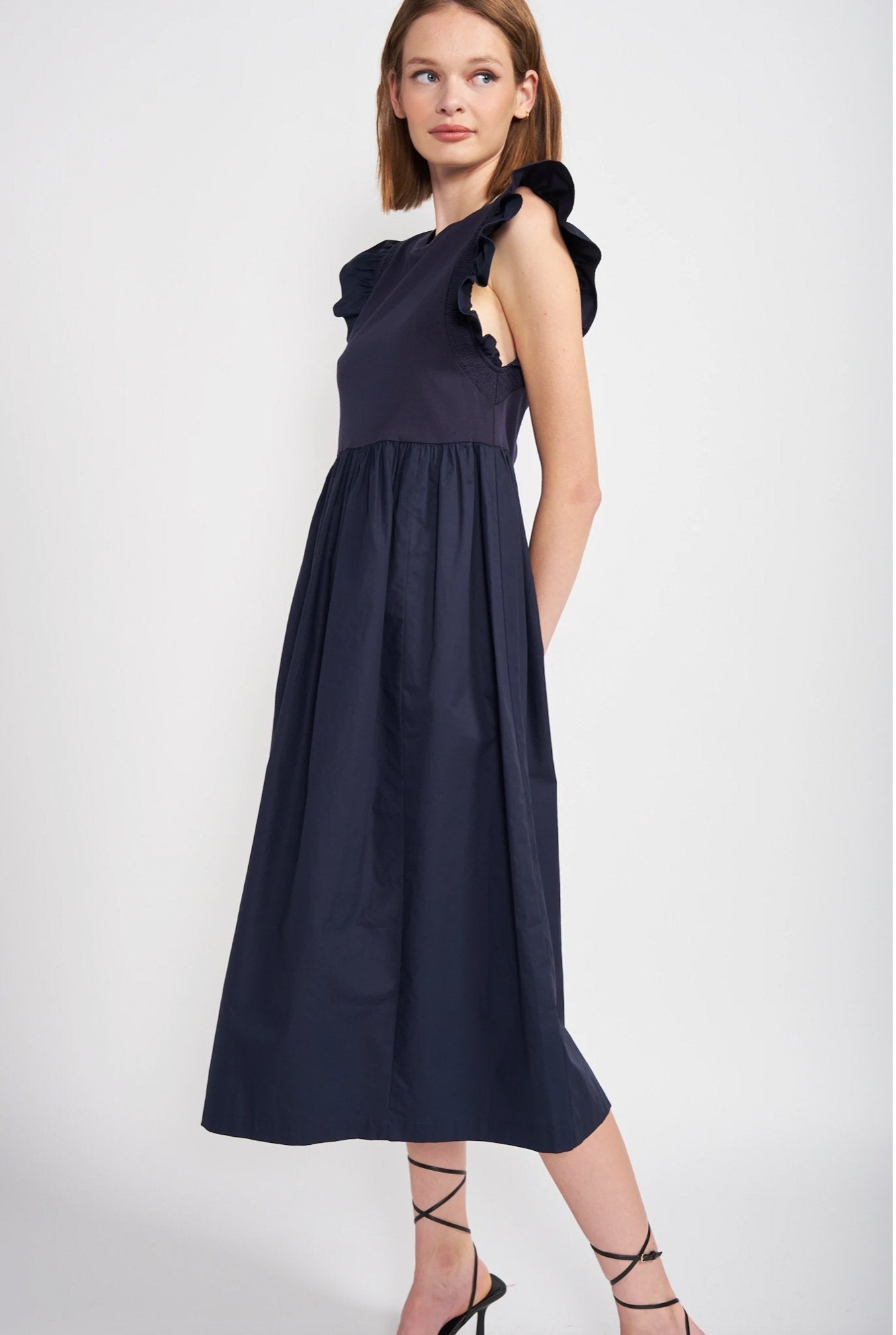 Navy Mixed Media Flutter Sleeve Dress - Addie Rose Boutique - Austin