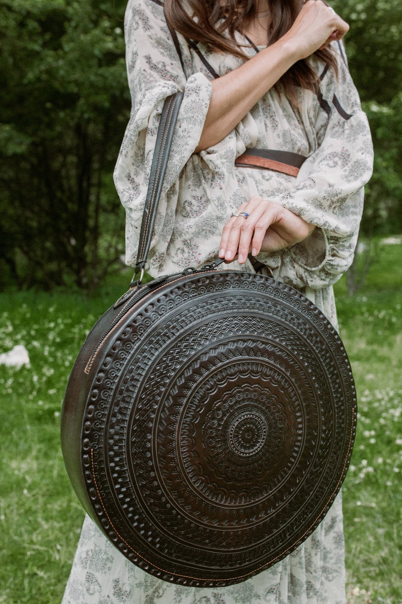 Purse & Clutch - Embossed Leather Circle Shoulder Bag - Addie Rose Boutique - Austin