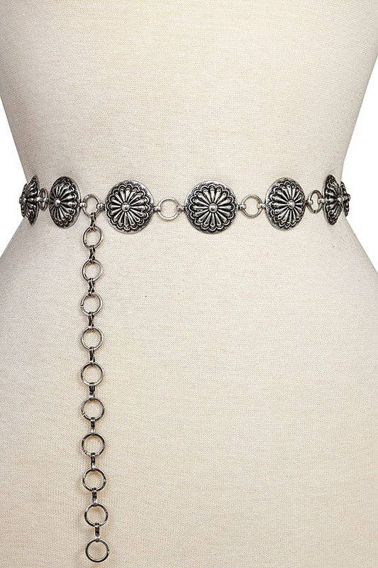 Round Concho Etched Large Link Belt: Small/Medium - Addie Rose Boutique - Austin