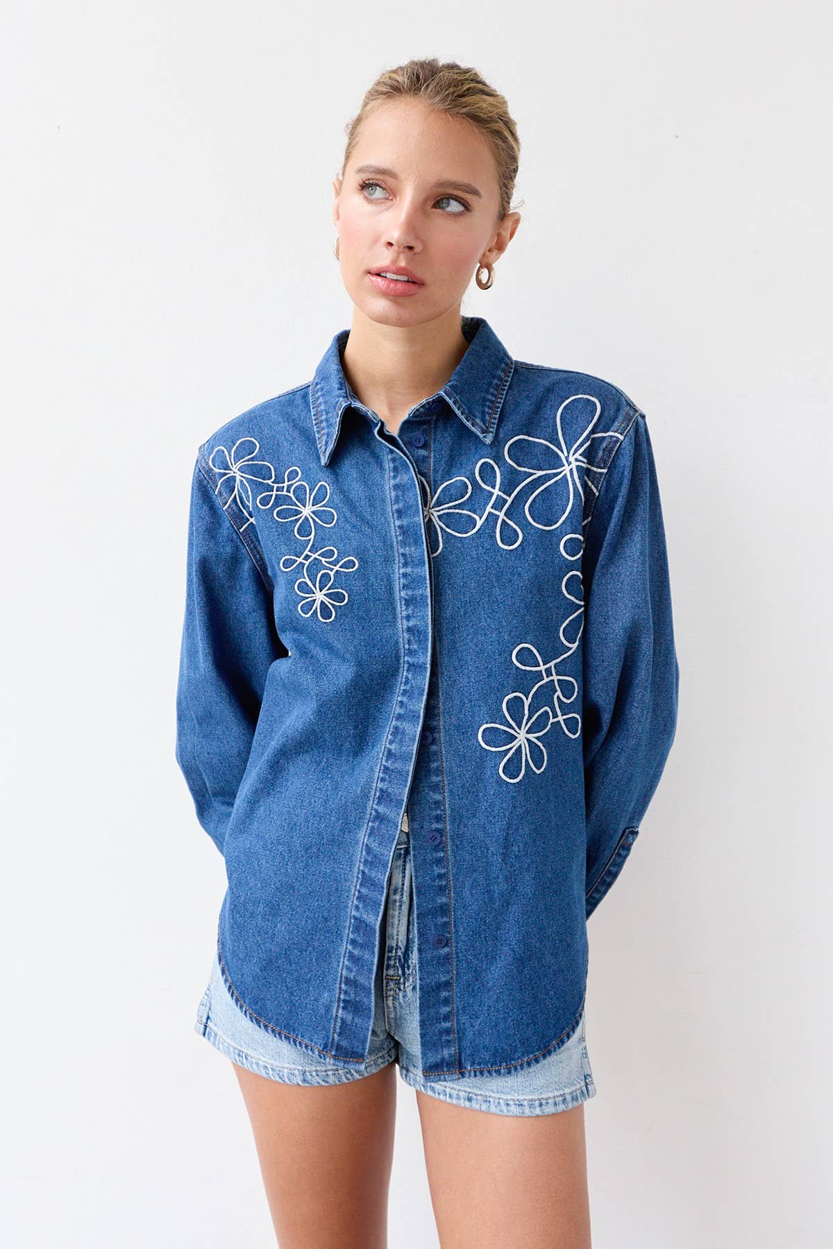 Cheri Denim Shacket with Embroidery