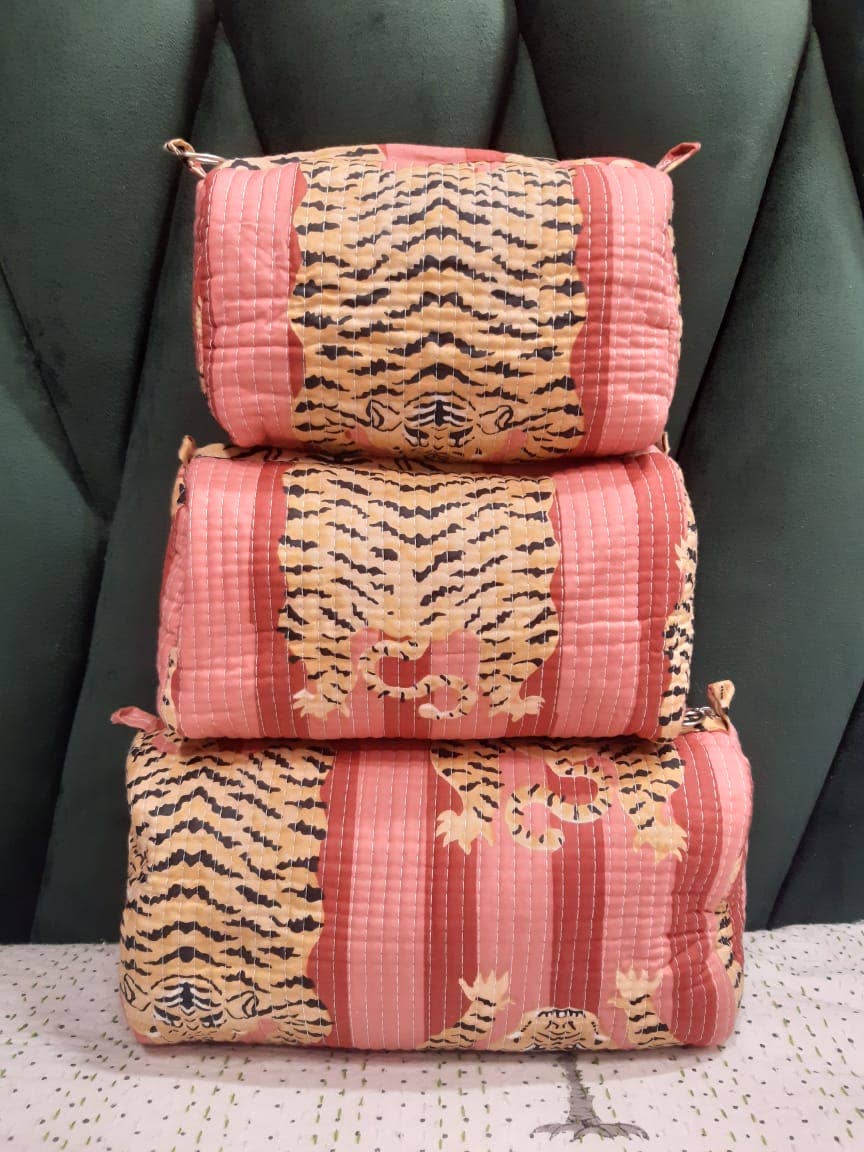 Block Printed Cotton Quilted Makeup/Washbag (Set of 3) - Addie Rose Boutique - Austin