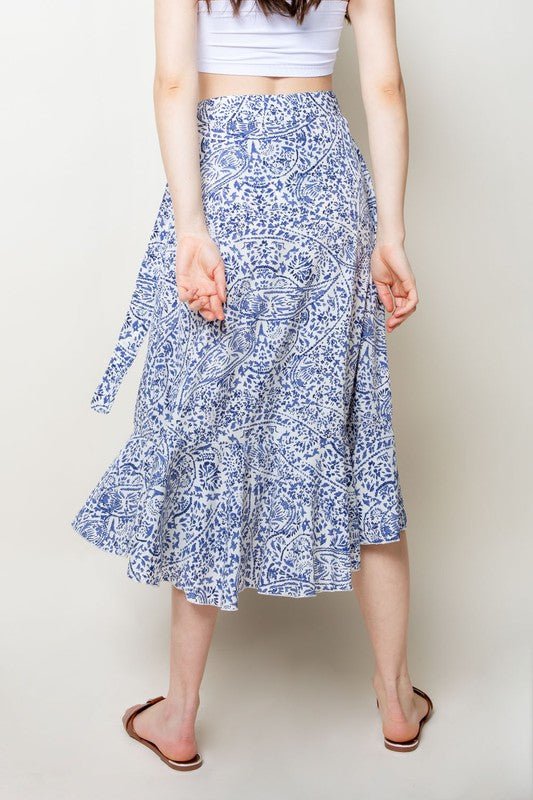 Blue+White Printed Wrap Skirt - Addie Rose Boutique - Austin