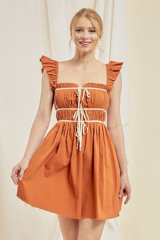 Burnt Orange Ruffle Dress - Addie Rose Boutique - Austin