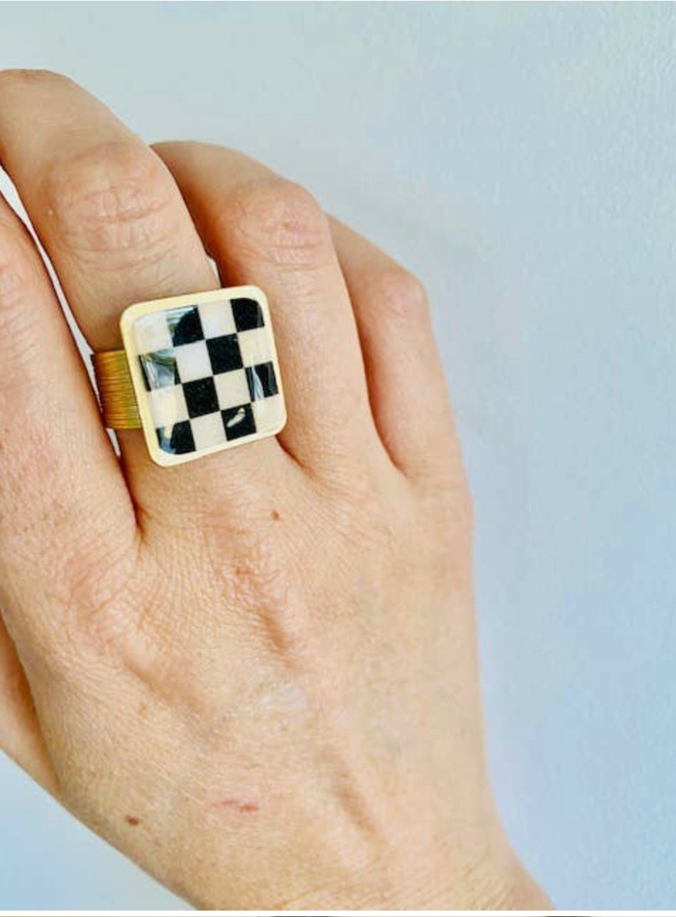 Checker Board Statement Ring - Black and White - Addie Rose Boutique - Austin