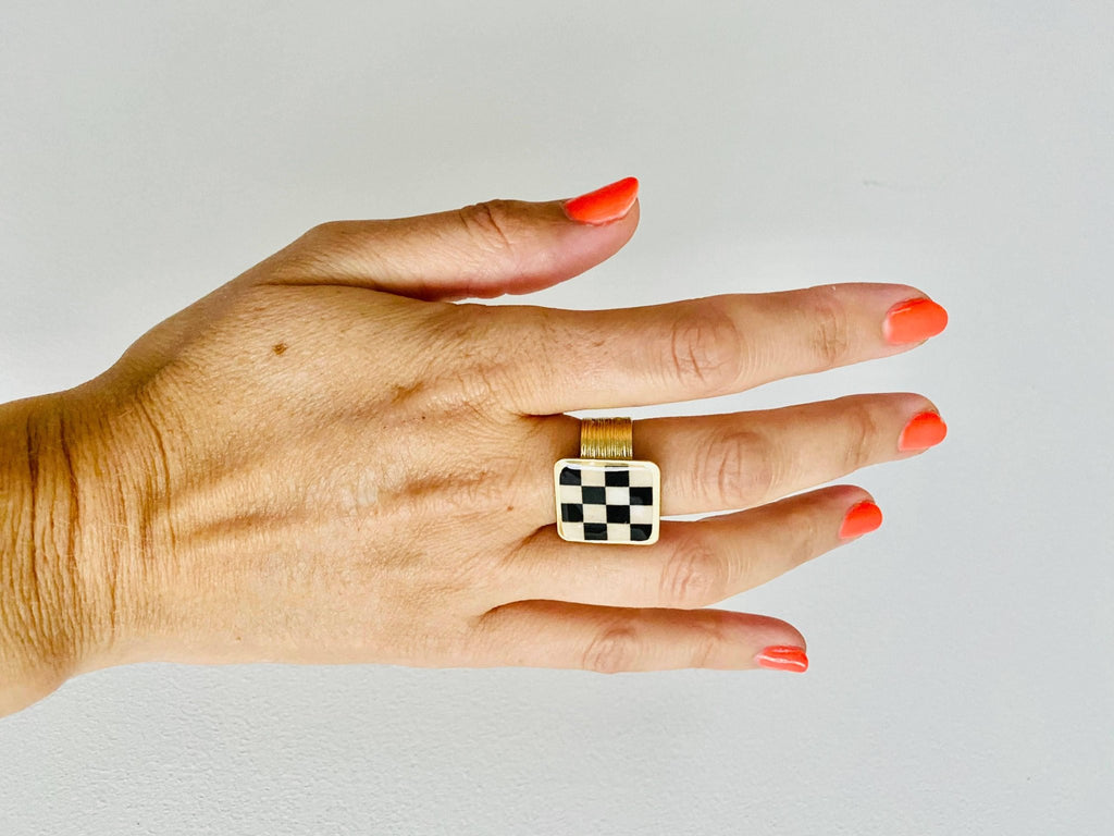 Checker Board Statement Ring - Black and White - Addie Rose Boutique - Austin
