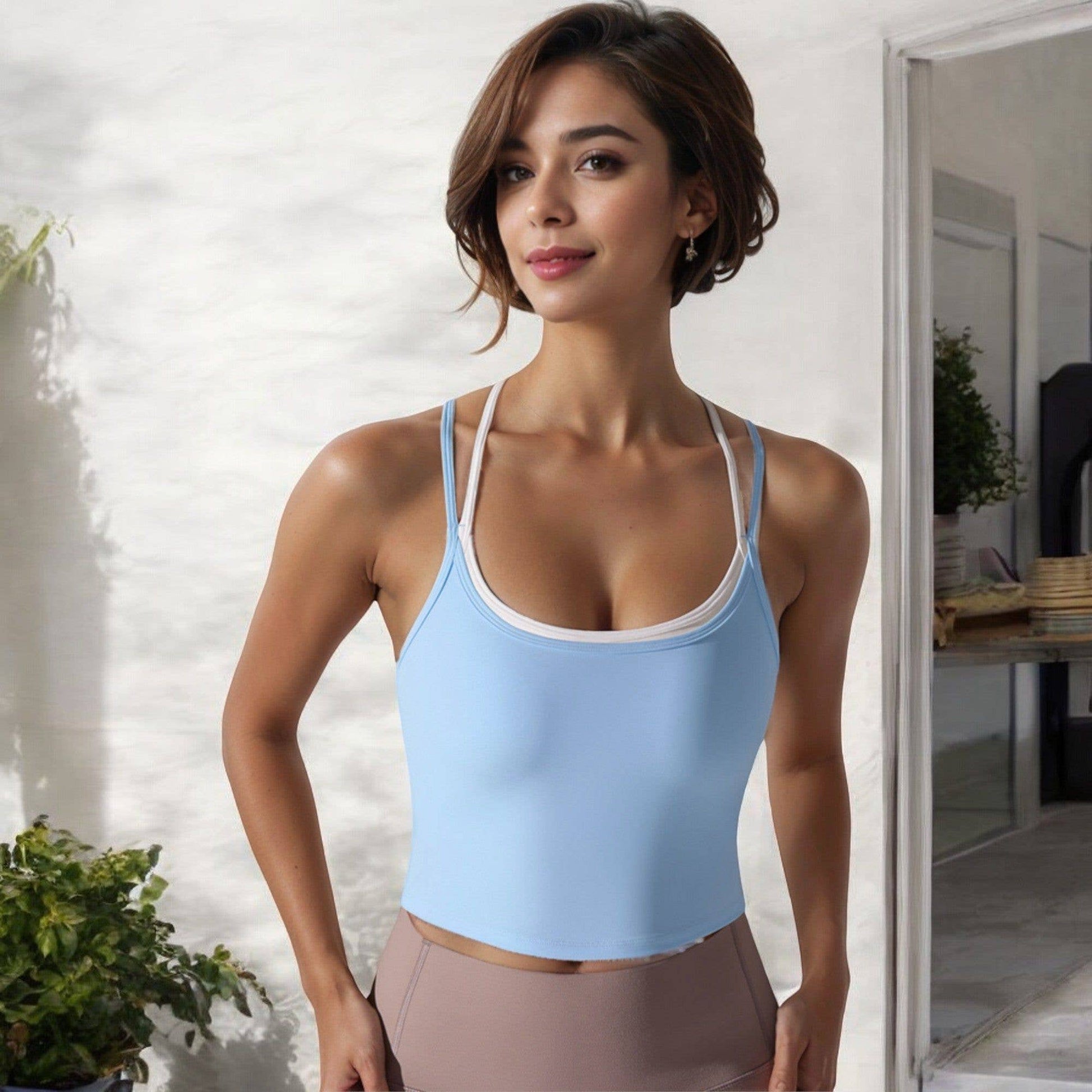 Active by Anna-Kaci - Double Strap Cropped Sports Tank with Scoop Neck