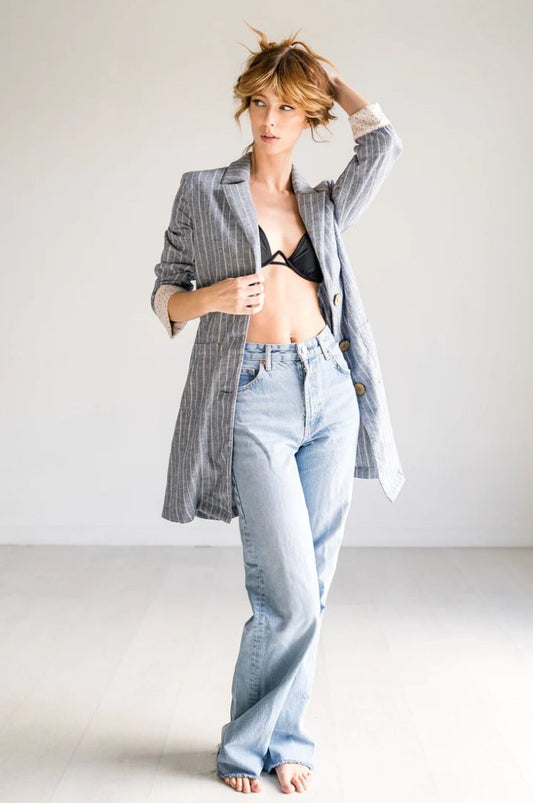 Denim Blue Longline Relaxed Blazer - Addie Rose Boutique - Austin