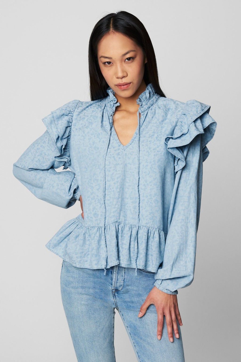 Denim Shirt with Ruffle Detail - Addie Rose Boutique - Austin
