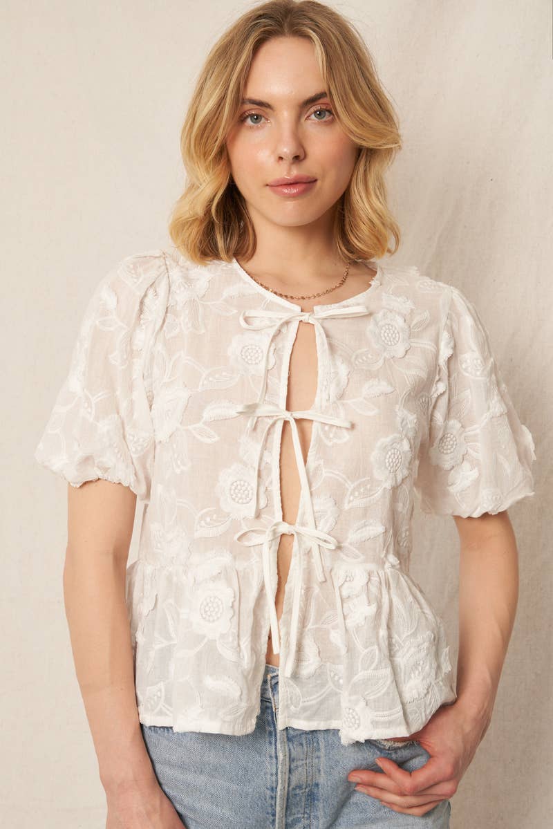 En Crème - Puff Sleeve Flower Ribbon Top - Addie Rose Boutique - Austin