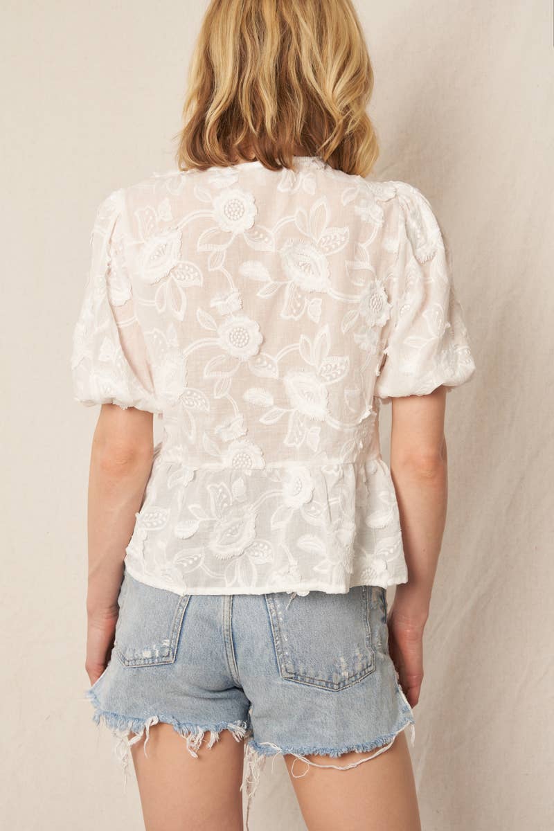 En Crème - Puff Sleeve Flower Ribbon Top - Addie Rose Boutique - Austin