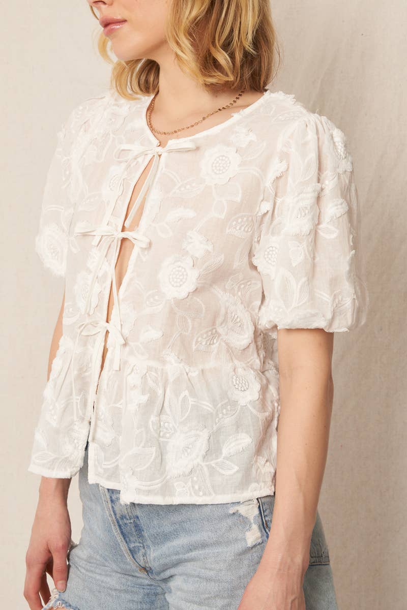 En Crème - Puff Sleeve Flower Ribbon Top - Addie Rose Boutique - Austin