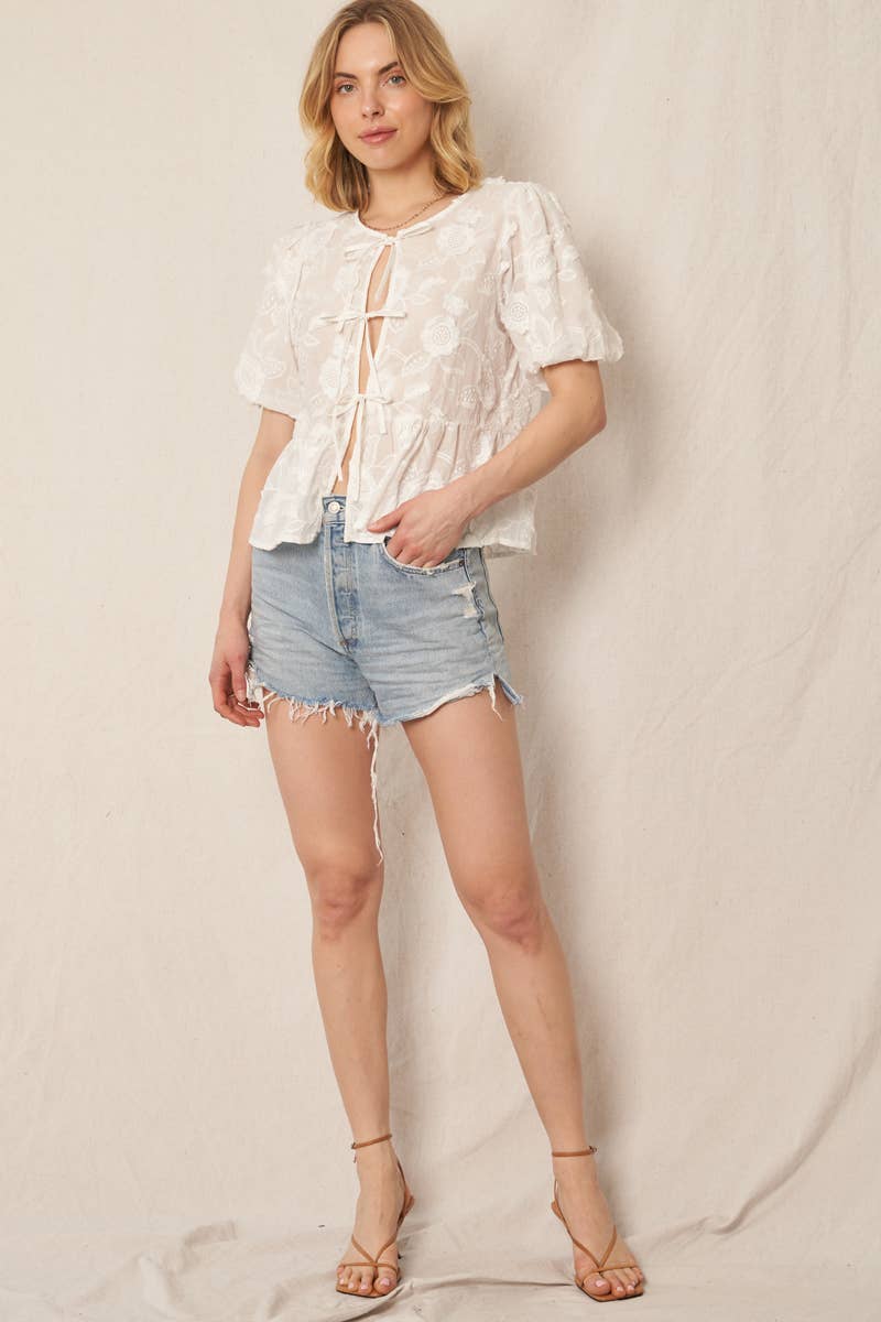 En Crème - Puff Sleeve Flower Ribbon Top - Addie Rose Boutique - Austin