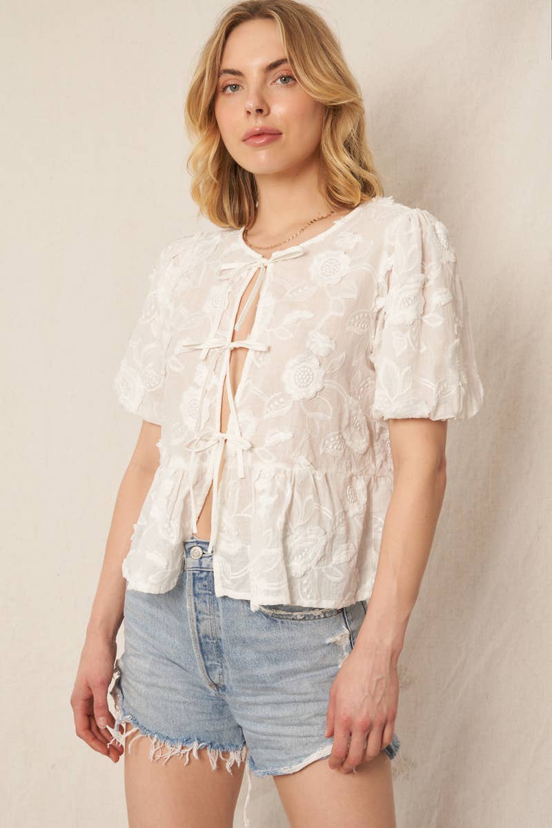 En Crème - Puff Sleeve Flower Ribbon Top - Addie Rose Boutique - Austin