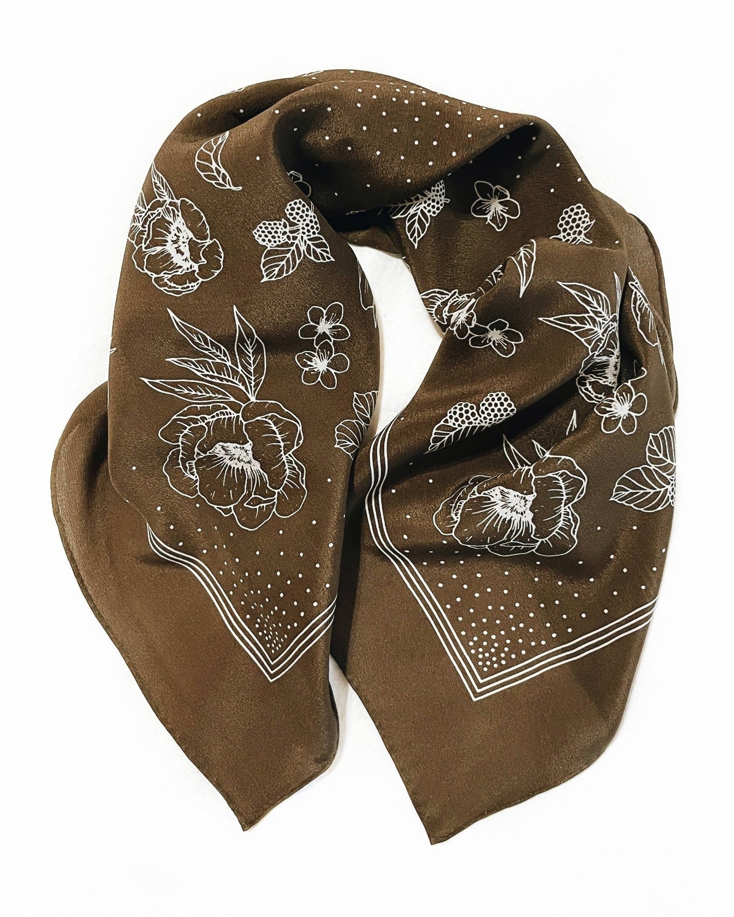 Flora West Design - 100% Silk Bandana Scarf - Classic Deep Olive Floral - Addie Rose Boutique - Austin