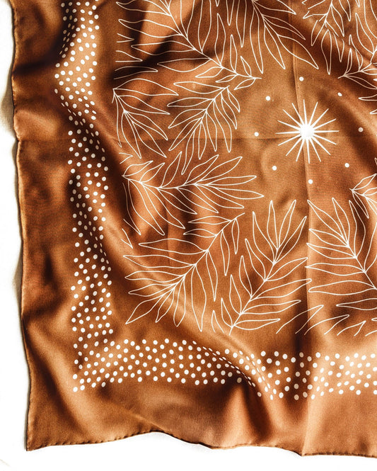 Flora West Design - 100% Silk Bandana Scarf - Tropical Palms Amber - Addie Rose Boutique - Austin