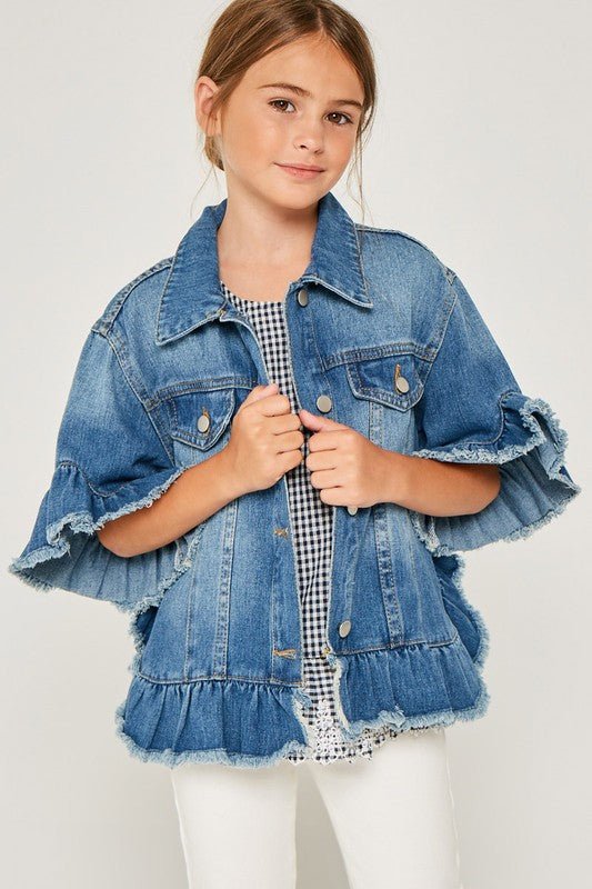 Kids Ruffle Stone Wash Denim Jacket - Addie Rose Boutique - Austin