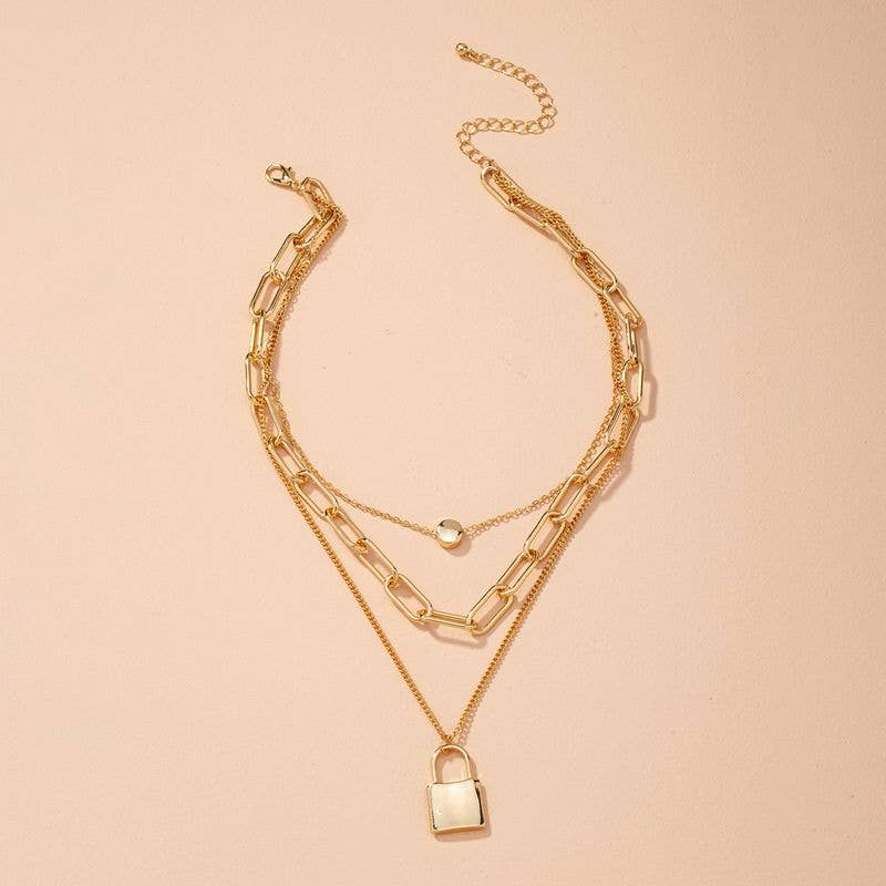 Koko and Lola - Sana Gold Lock Charm Chain Link Necklace Set - Addie Rose Boutique - Austin