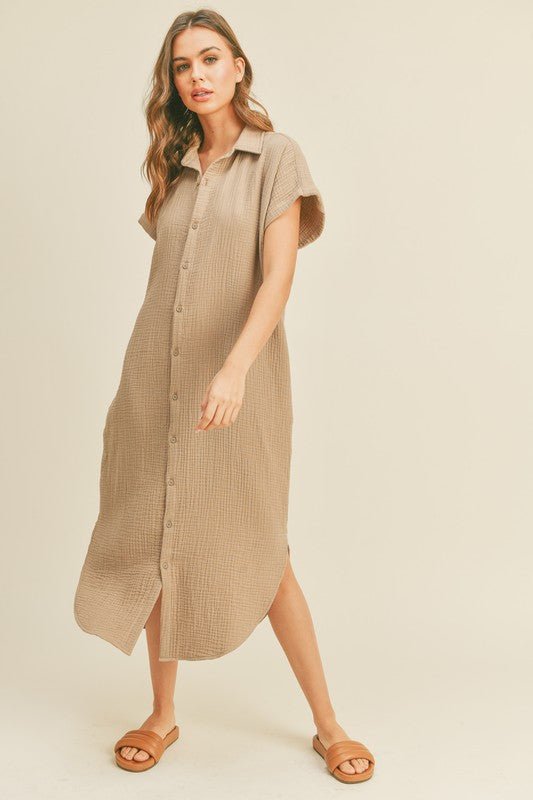 Mocha Double Gauze Button Down - Addie Rose Boutique - Austin