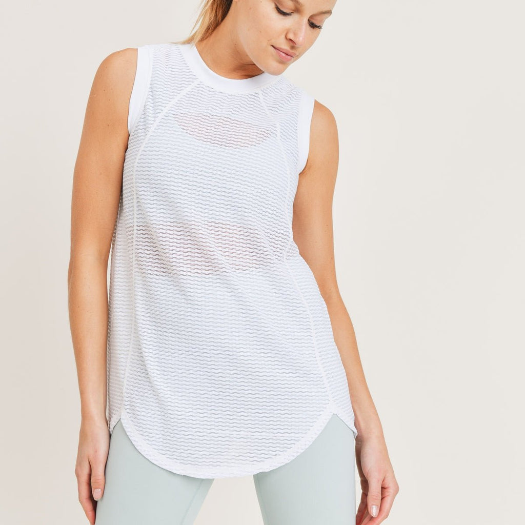 Mono B - Striped Trellis Mesh Raglan Muscle Top - Addie Rose Boutique - Austin