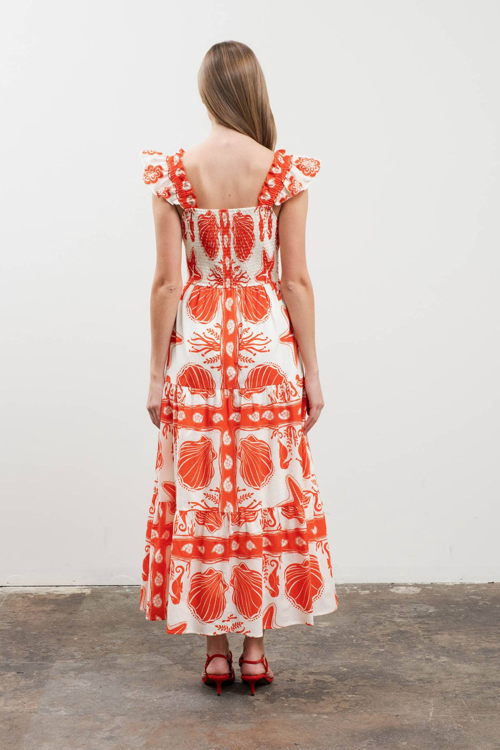 Moon River - SEA PRINT RUFFLE SLEEVE TIERED MIDI DRESS - Addie Rose Boutique - Austin