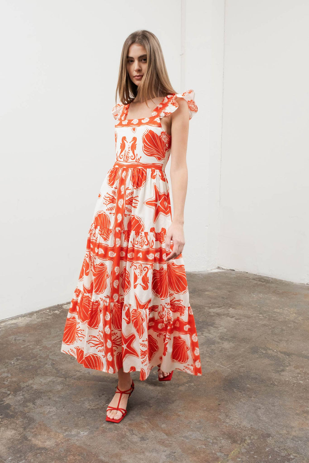 Moon River - SEA PRINT RUFFLE SLEEVE TIERED MIDI DRESS - Addie Rose Boutique - Austin