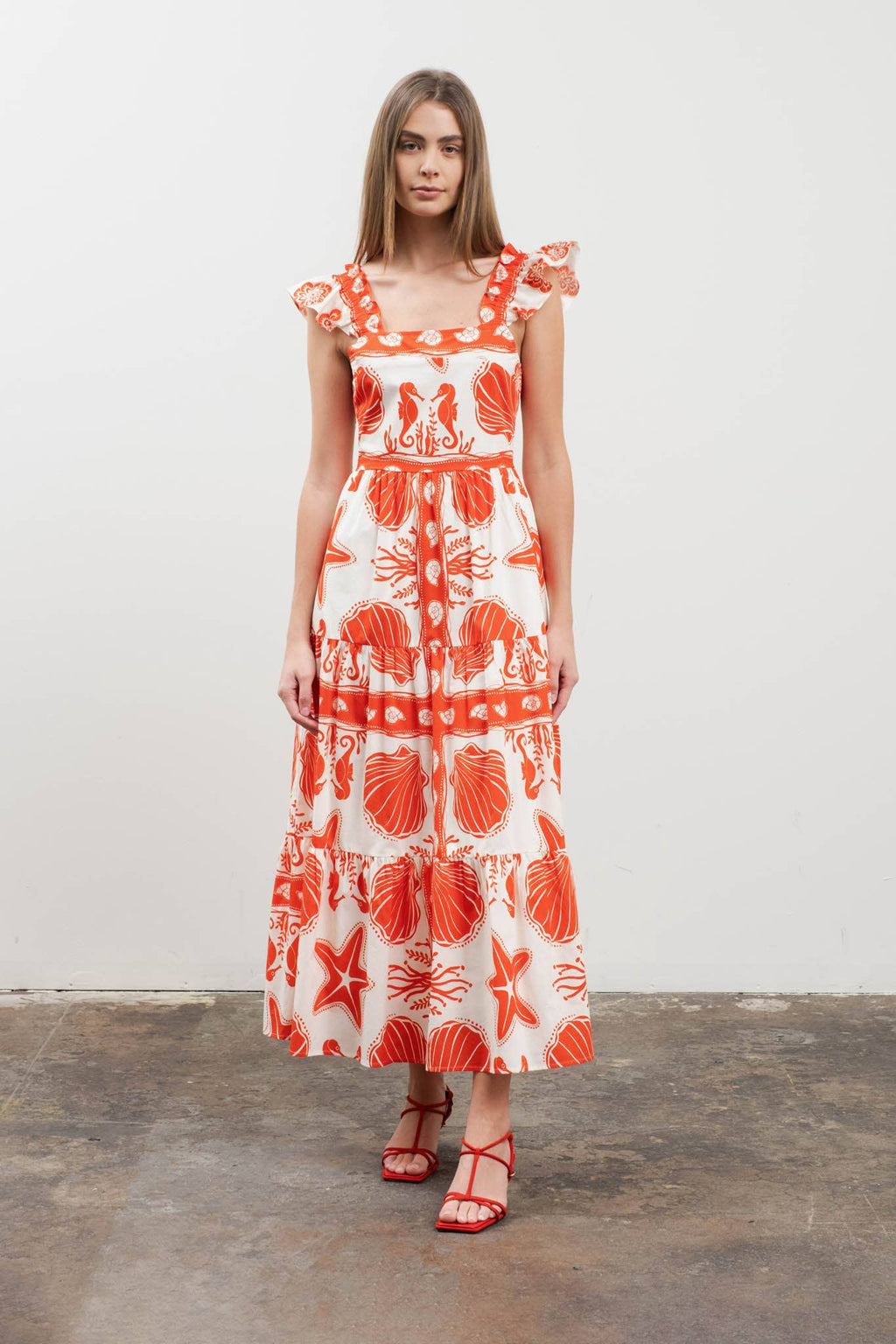 Moon River - SEA PRINT RUFFLE SLEEVE TIERED MIDI DRESS - Addie Rose Boutique - Austin