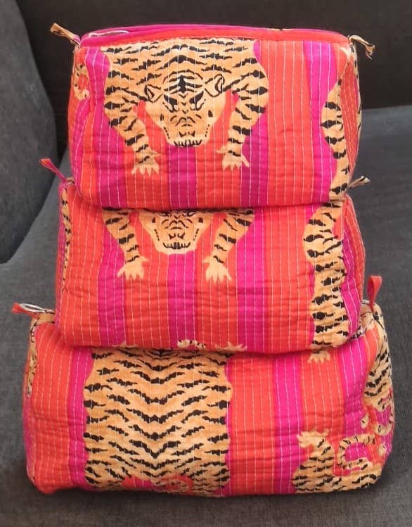 Pink & Orange Tiger Cotton Quilted Makeup Bag/Cosmetic Bag - Addie Rose Boutique - Austin