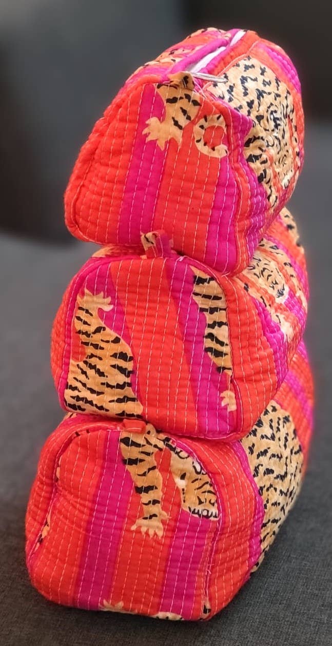 Pink & Orange Tiger Cotton Quilted Makeup Bag/Cosmetic Bag - Addie Rose Boutique - Austin