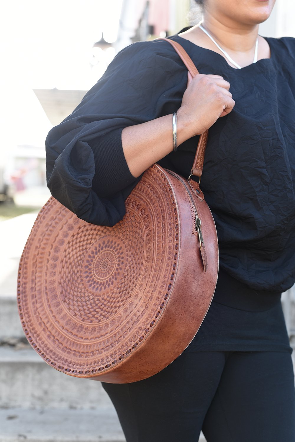 Purse & Clutch - Embossed Leather Circle Shoulder Bag - Addie Rose Boutique - Austin