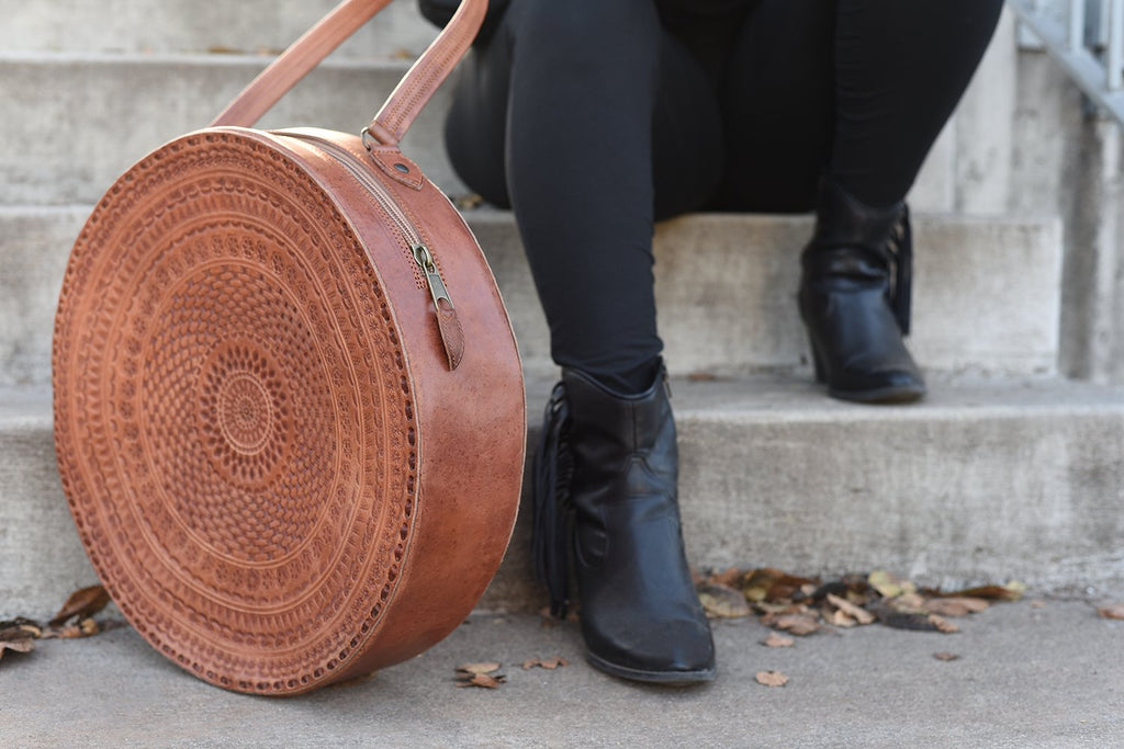 Purse & Clutch - Embossed Leather Circle Shoulder Bag - Addie Rose Boutique - Austin