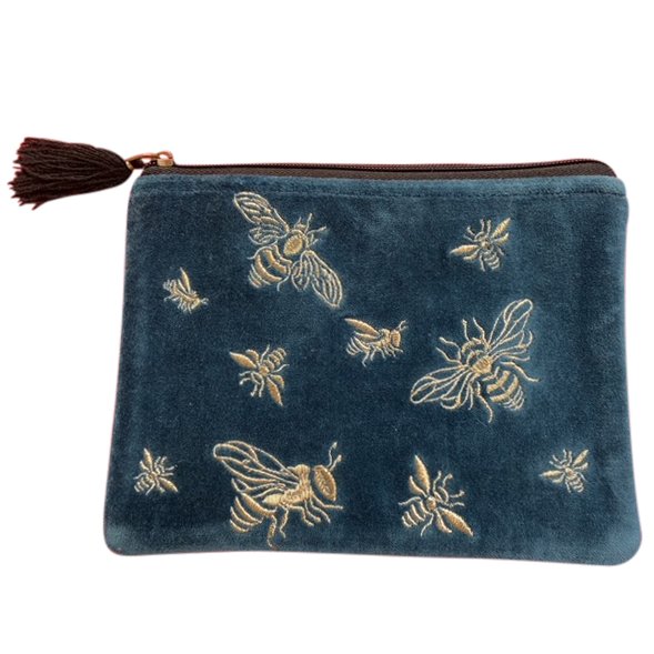 Rich Blue with Bees Velvet Large Pouch - Addie Rose Boutique - Austin