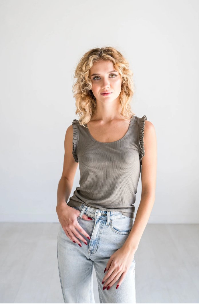 Sage Green Ruffle Tank Top - Addie Rose Boutique - Austin