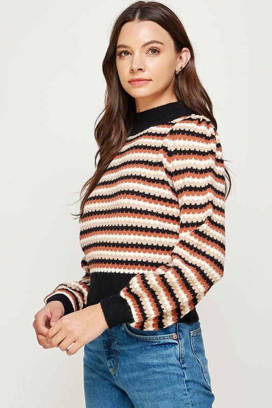 Striped Mock Neck Sweater - Addie Rose Boutique - Austin