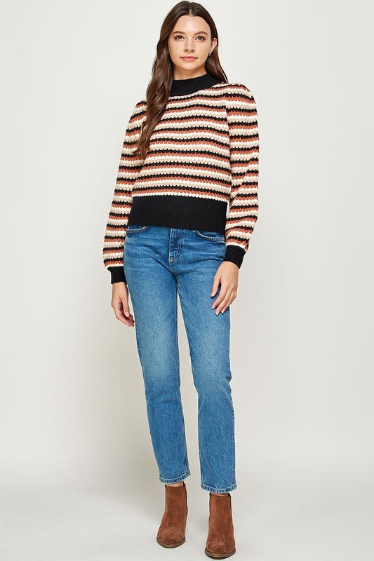 Striped Mock Neck Sweater - Addie Rose Boutique - Austin