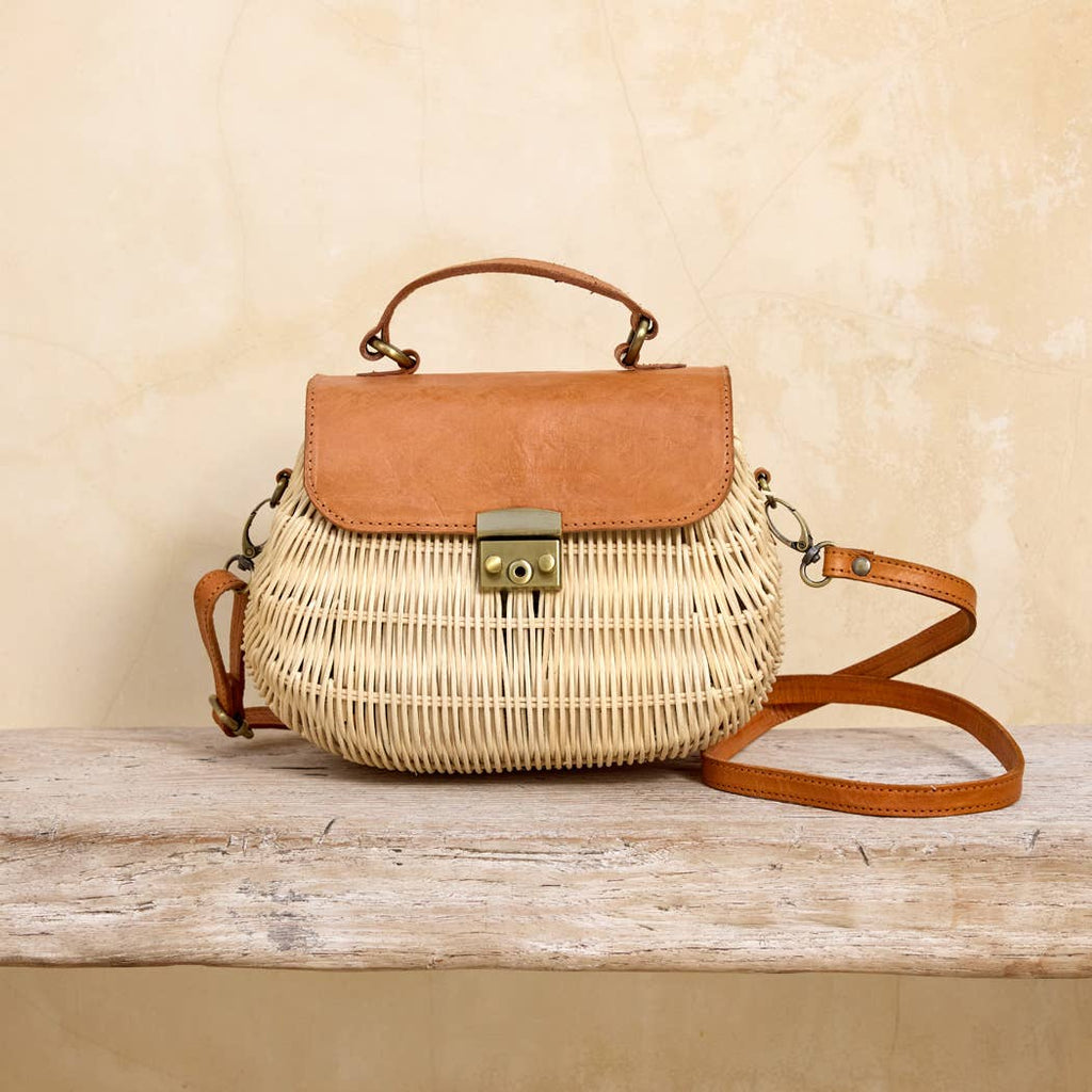 The Winding Road - Ivory Rattan Crossbody Bag with Leather Trim - Addie Rose Boutique - Austin