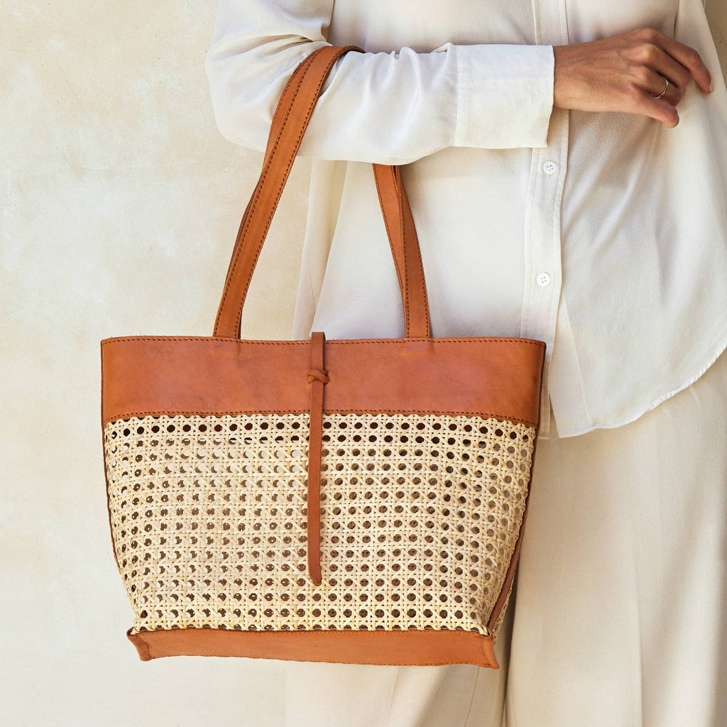 The Winding Road - Rattan Cane Weave Tote with leather Trim Medium Brown - Addie Rose Boutique - Austin